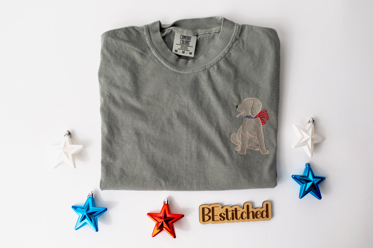 Dog with Patriotic Bow Embroidered T-shirt
