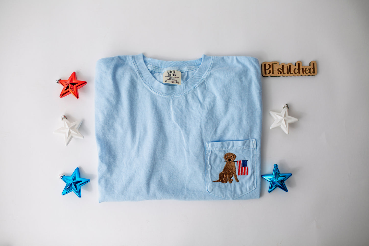 Dog with Flag Embroidered Pocket Tee