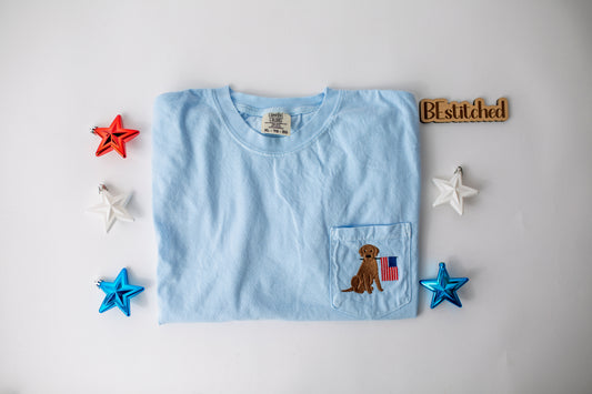 Dog with Flag Embroidered Pocket Tee