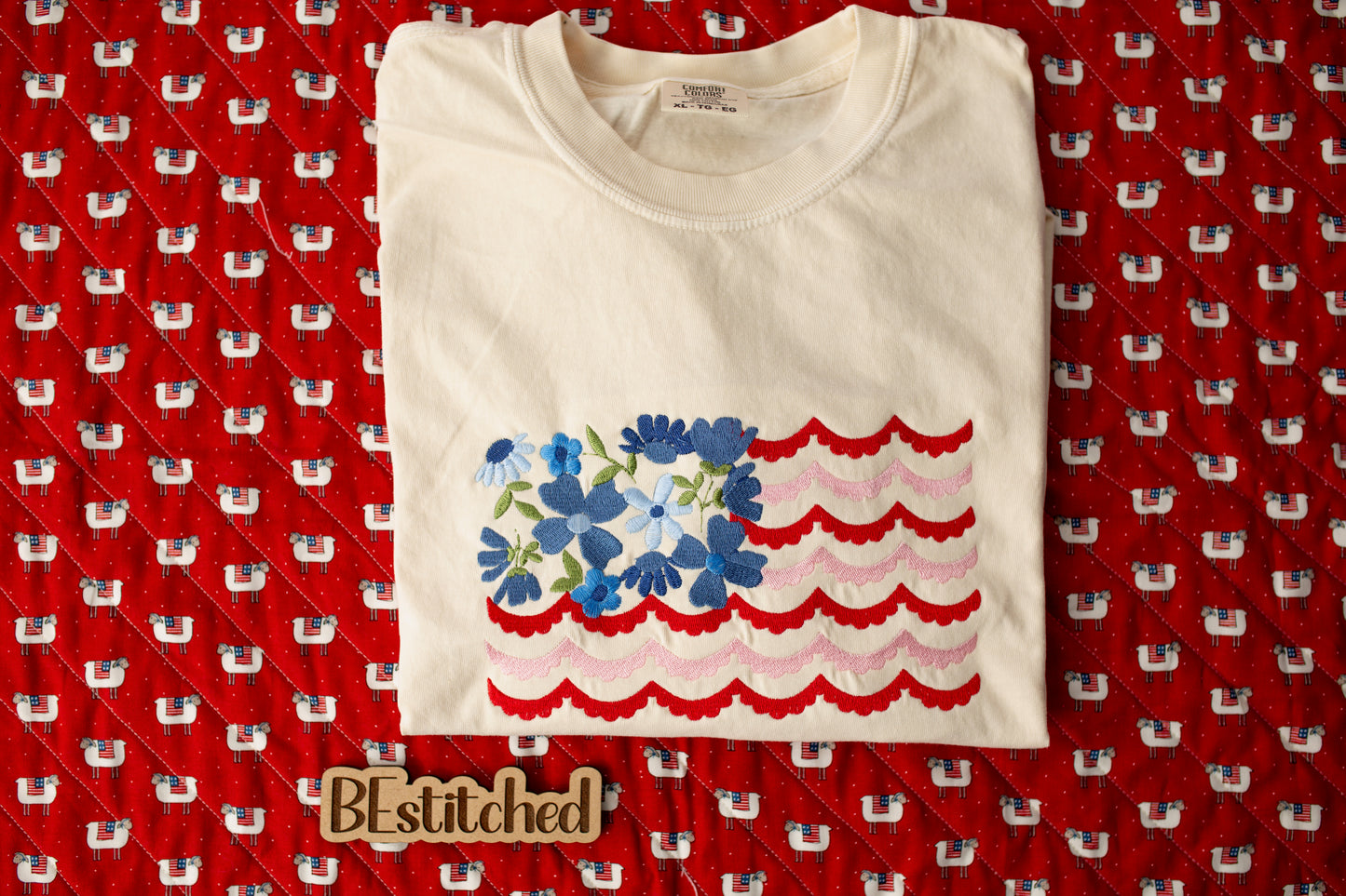Floral Embroidered Flag with left sleeve USA embroidery T-shirt