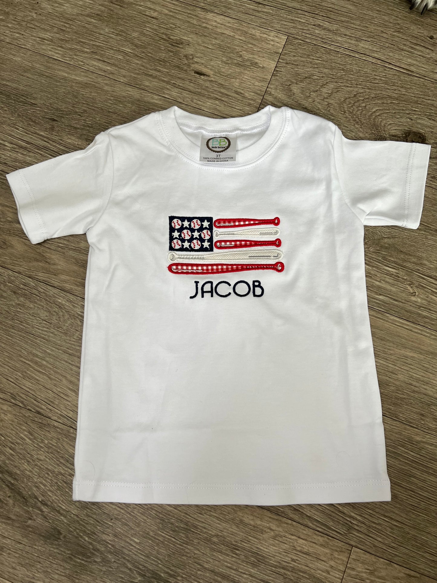 Baseball Applique Embroidered Flag Kids Shirt