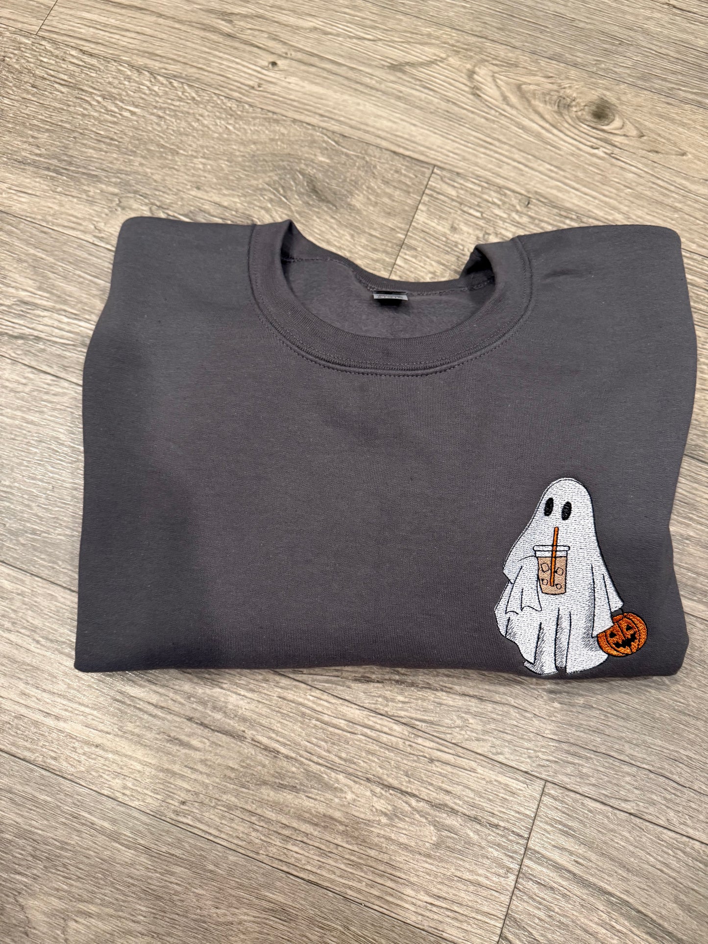 Ghost with Coffee Cup and Pale Embroidered Sweatshirt