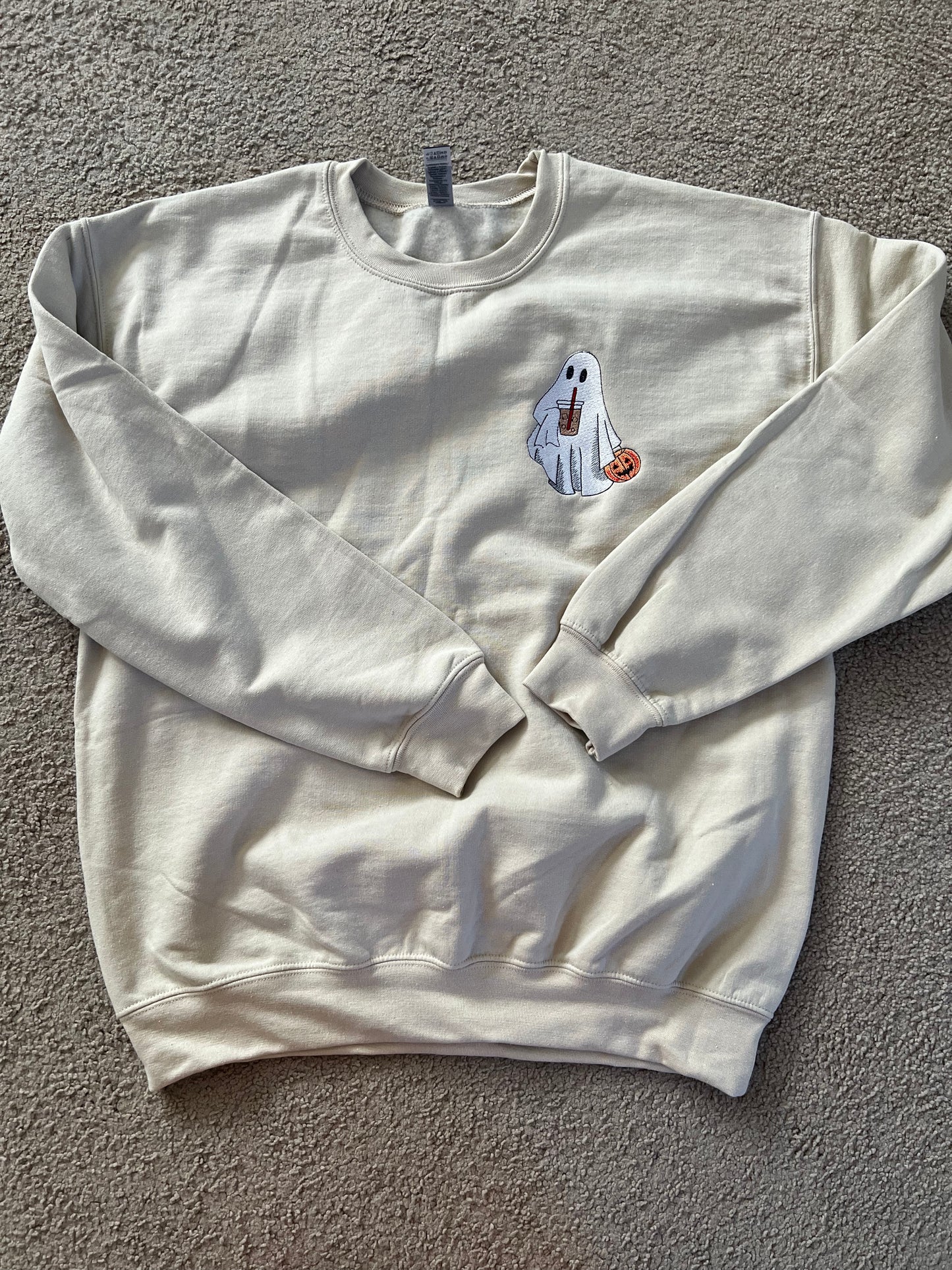 Ghost with Coffee Cup and Pale Embroidered Sweatshirt