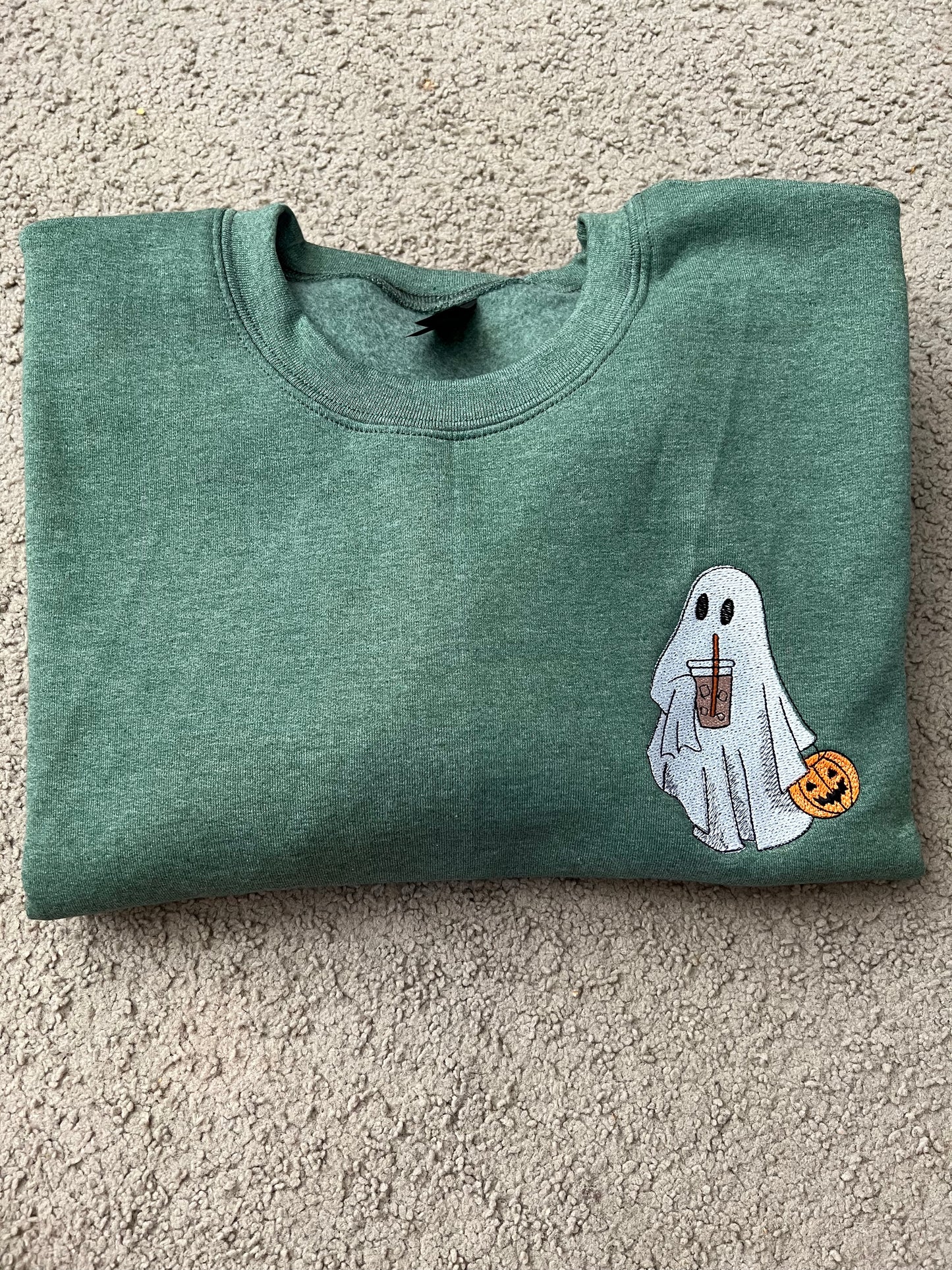Ghost with Coffee Cup and Pale Embroidered Sweatshirt
