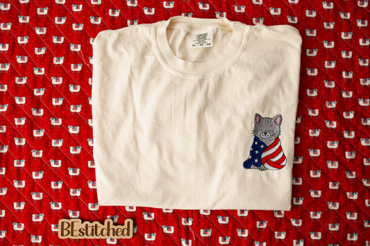 Cat Wrapped in Flag Embroidered T-shirt