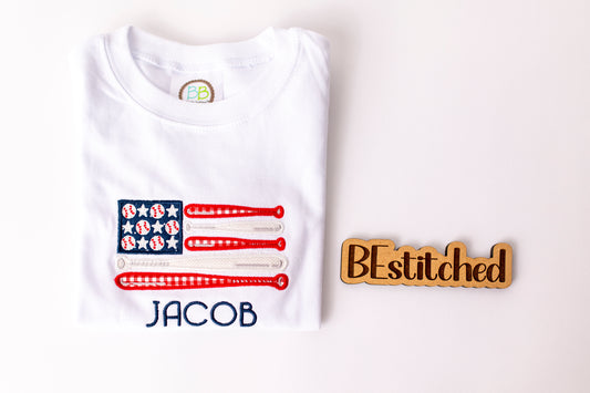 Baseball Applique Embroidered Flag Kids Shirt
