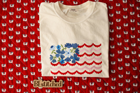 Floral Embroidered Flag with left sleeve USA embroidery T-shirt