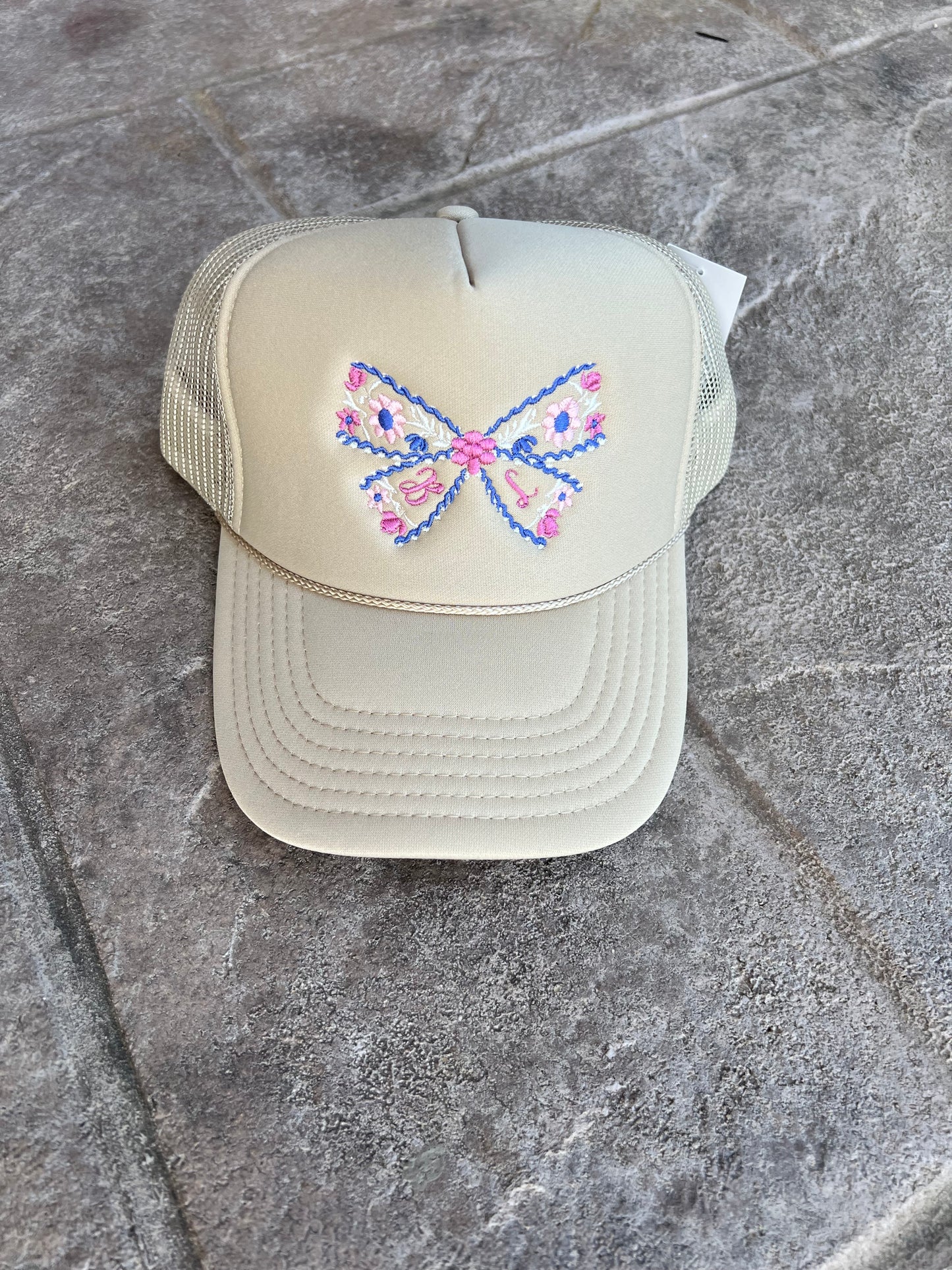 Monogram Floral Embroidered Bow Trucker Hat