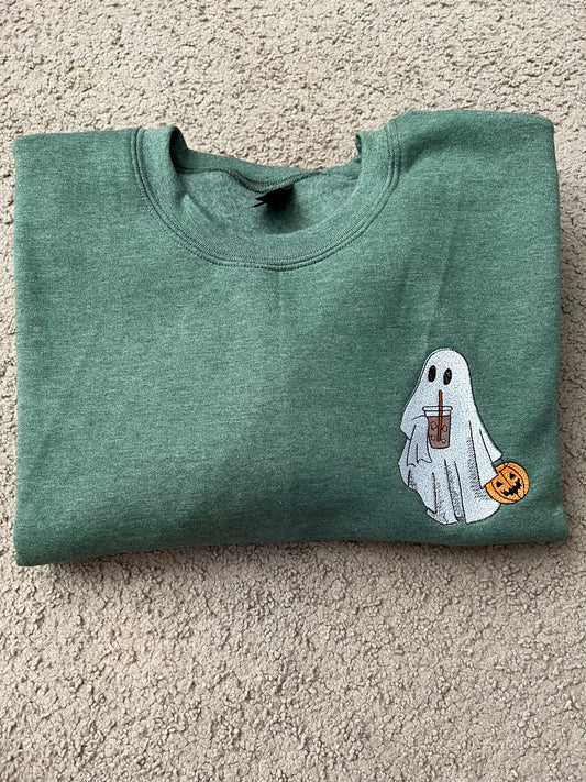 Ghost with Coffee Cup and Pale Embroidered Sweatshirt